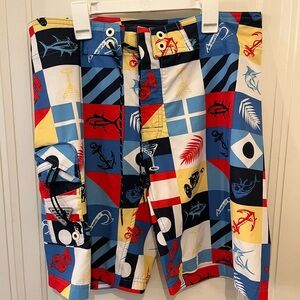 Columbia Red and Blue Board Shorts Geometric Design